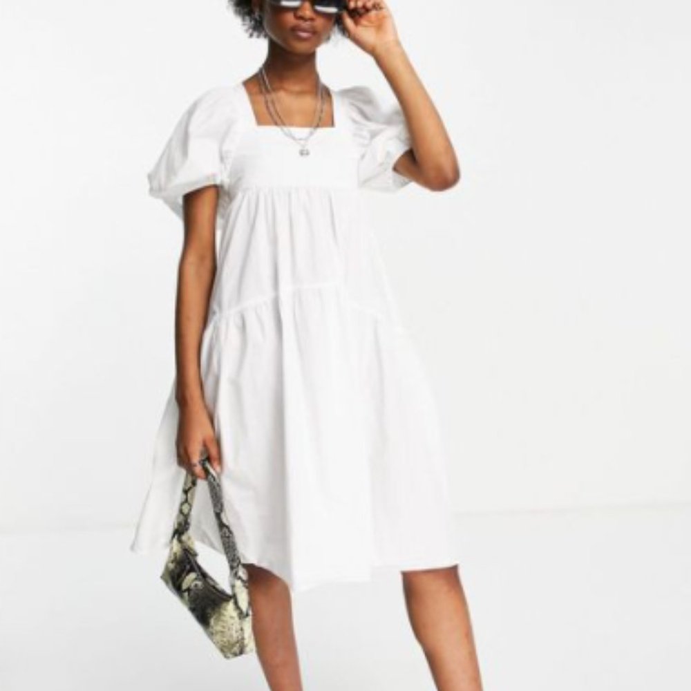 TOPSHOP Women's White Poplin Tiered Dress